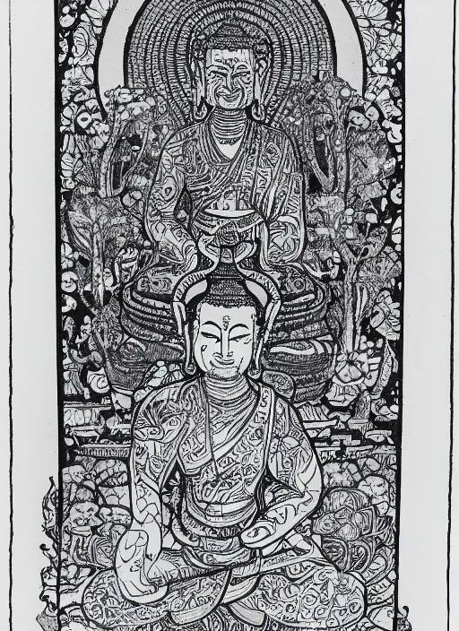 Image similar to detailed pen and ink illustration of a man with a bears head, Buddhist bodhisattva, anthropomorphic, all drawn with micron, seated in royal ease, black micron pen on white paper, highly detailed, fine pen work, white background