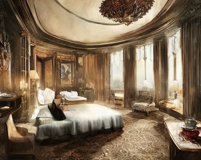 Image similar to a luxury hotel! suite room in the style of shakespearean! london!, art by greg rutkowski and artgerma, stunning! concept art, interior! design