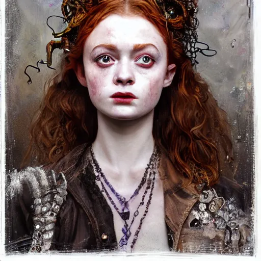 Image similar to sadie sink expressive oil painting, of helena bonham carter mixed with sophia lauren, bumpy mottled skin full of blood and scars, ornate headpiece made from crystals, cables and wires, body horror, by yoshitaka amano, by greg rutkowski, by jeremyg lipkinng, by artgerm, digital art, octane render