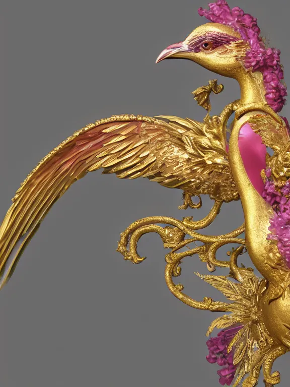 Prompt: a beautiful render of an exotic pale lilac feathered and metallic gold bird with red jewel eyes, surrounded by an elaborate decorative plaster arabesque rococo motif, by Raphael and Antoine Watteau, zbrush, redshift render, 8k, hyperreal