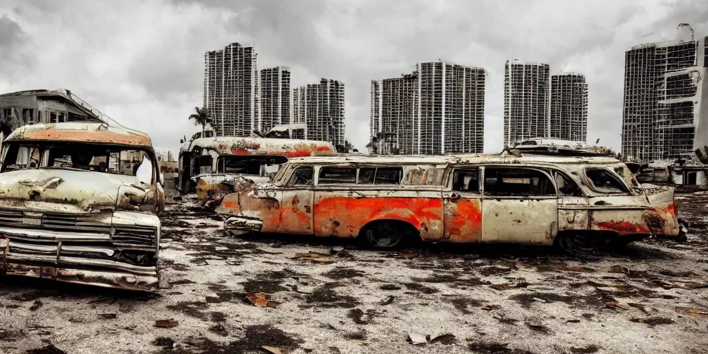 Image similar to wide angle shot of dilapidated fallout 5 miami, tropical coastal city, desolate, dilapidated, some rusted retro futuristic vintage parked vehicles like cars, buses, trucks, trams, slight overcast weather, fog, volumetric lighting, photorealistic, daytime, autumn, sharp focus, ultra detailed,