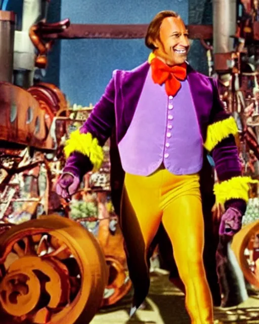 Image similar to Film still of Dwayne Johnson as Willy Wonka from the movie Willy Wonka & The Chocolate Factory