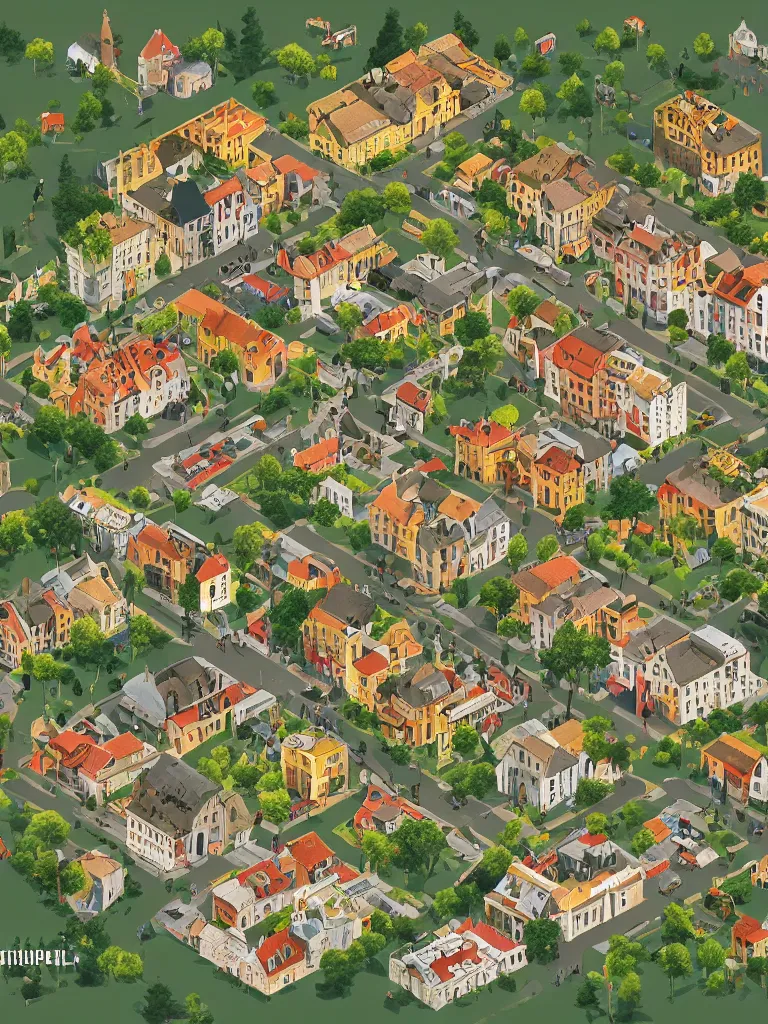Prompt: an detailed isometric illustration of a european village by nils - petter ekwall, aesthetically pleasing and harmonious natural colors