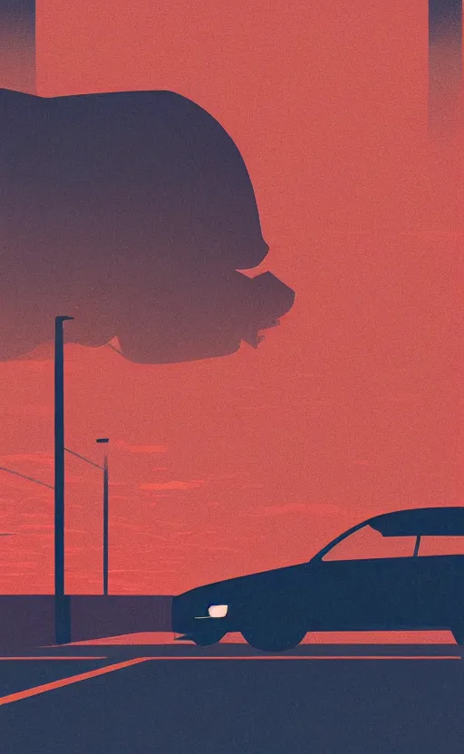 Prompt: a beautiful illustration of a car parket near a highway at sunset, silhouette of a man smoking a cigarette, art of alena aenami, featured on artstation, vertical orientation, paint brush strokes, expressionism, brushstroke - laden