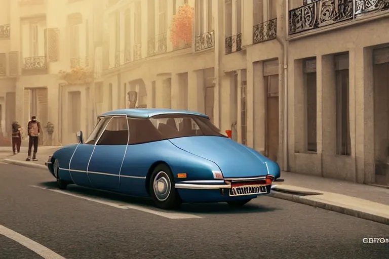 Image similar to a wholesome beautiful animation key shot of!! one!! focused!! 1 9 7 4 citroen ds!! in a paris street, medium wide shot, studio ghibli, ( pixar ) and disney animation, sharp, very detailed, high resolution, rendered in unreal engine 5, anime key art by greg rutkowski, bloom, dramatic lighting