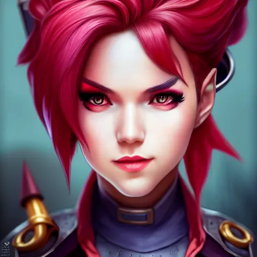 Image similar to portrait of Vi from League of Legends, by Fortiche Studio, from Netflix's Arcane, trending on artstation,fine details, realistic shaded, fine-face, foggy Steampunk city on the background, tattoo on face, red hair, painted texture, pretty face,by Artgerm