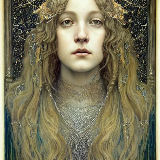 Prompt: detailed realistic beautiful young medieval queen face portrait by jean delville and marco mazzoni, art nouveau, symbolist, visionary, gothic, pre - raphaelite