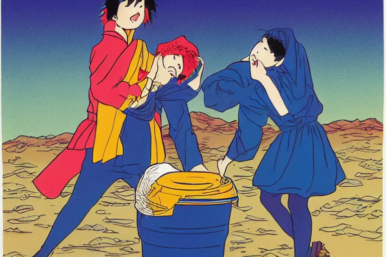 Prompt: a guy putting a dustbin over the head of a girl, in the style of Takahashi, Rumiko