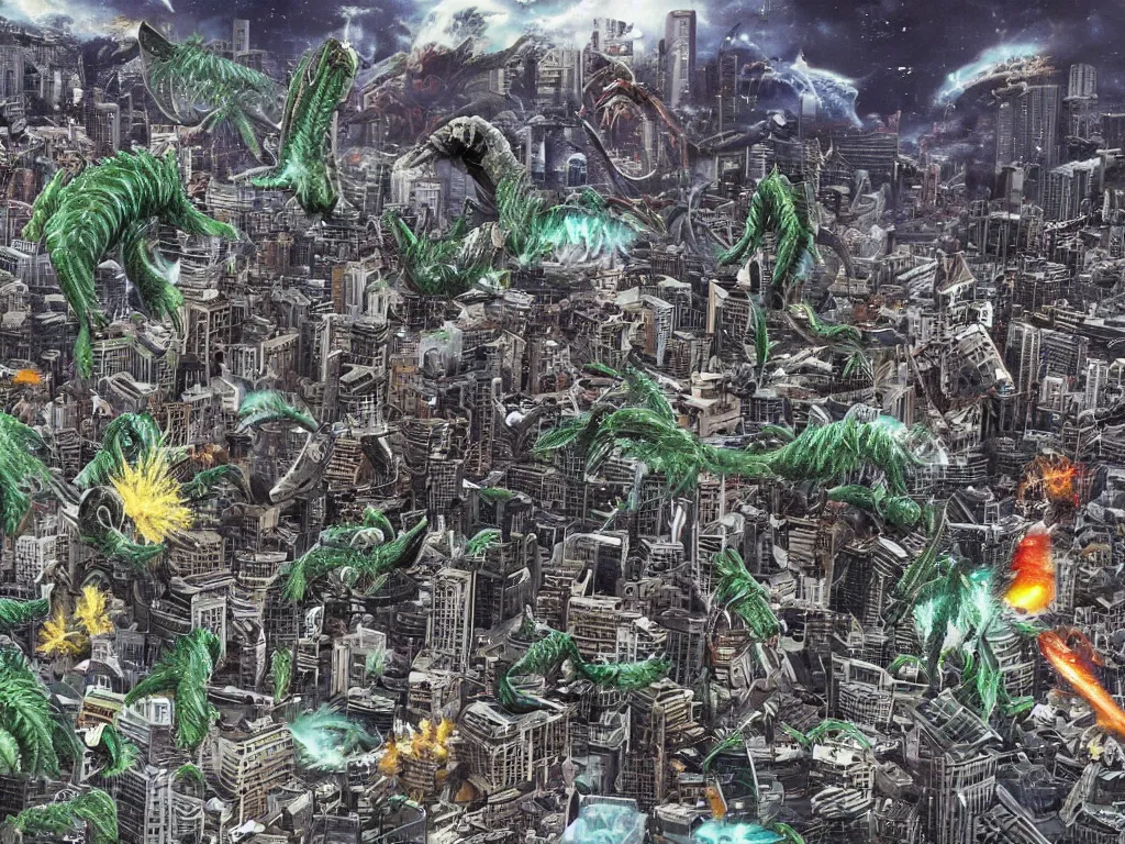 Prompt: Heisei era Biollante kaiju destroying a city