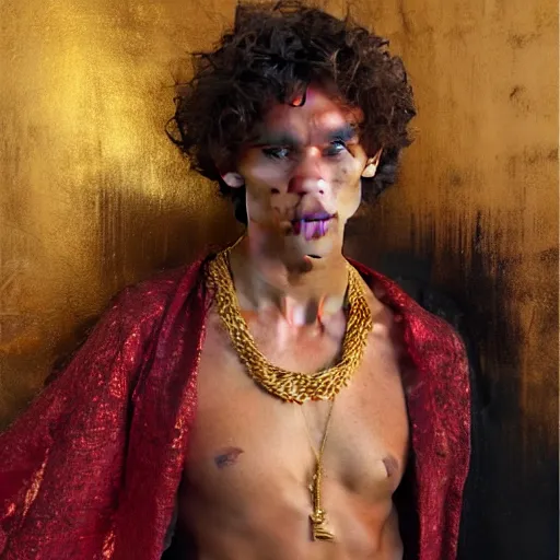 Prompt: detailed realistic cinematic wide shot of beautiful attractive muscular thimotee chalamet as roman empreror gold chain wearing royal red clothes slim face symettrical face clean skin black eyes black robe smooth, sharp focus, ultra realistic, spring light, painting by gaston bussiere, craig mullins, j. c. leyendecker