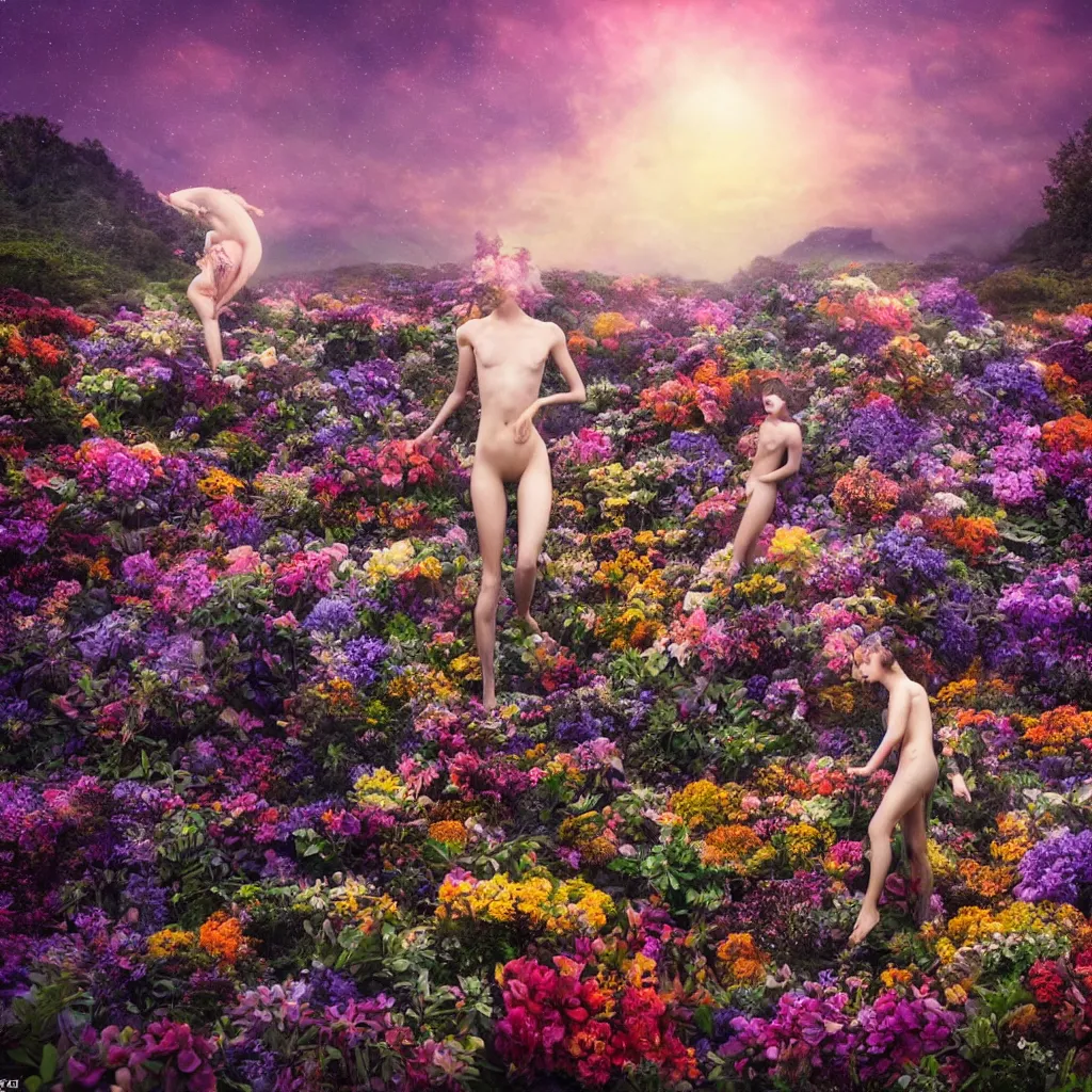 Image similar to a planet of various flowers, fungus and plants, in which the human figure is dressed in something magical and impressive, inside the picture is infinity, sunset light, Atmospheric phenomenon, artistic photography, muted colors, conceptual, long exposure outside the city