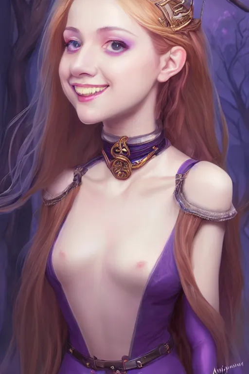 Image similar to portrait of a gorgeous young female artificer, looking at camera, D&D, choker on neck, stylish dress, mouth slightly open, cute slightly nerdy smile, very long flowing hair, intricate, elegant, stylish, fantasy, extremely detailed, digital painting, artstation, concept art, smooth, sharp focus, illustration, stunning lighting, art by artgerm and greg rutkowski and alphonse mucha and simon stalenhag