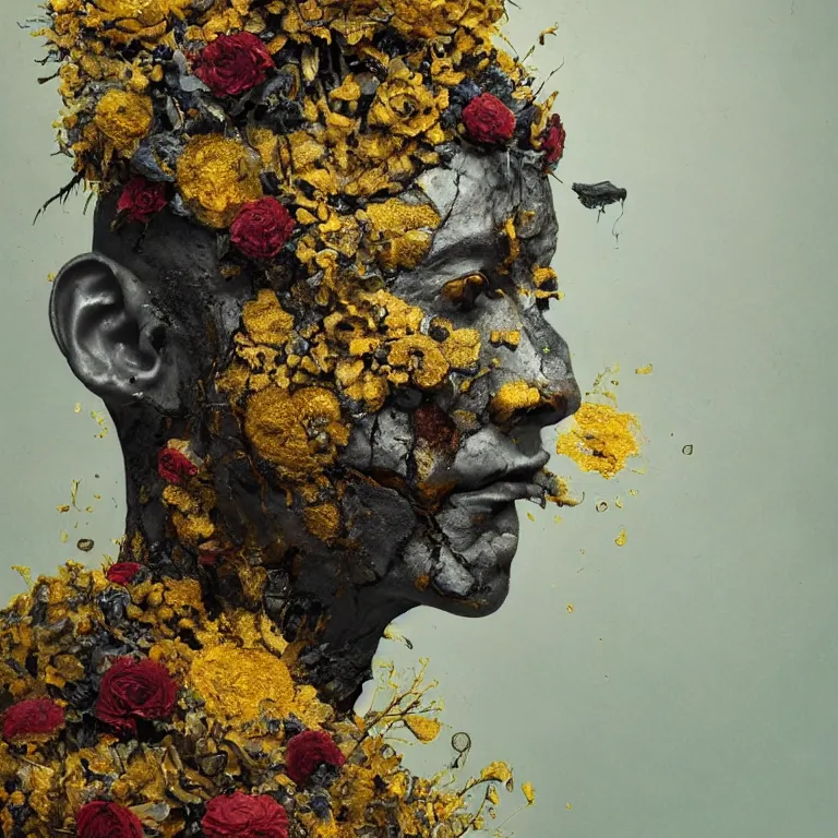 Prompt: A beautiful oil painting hyperrealism of a decayed black head, rotting black clay skin, gold flaked flowers, floral headdress, 8k resolution, octane render, Trending on artstation, by Gediminas Pranckevicius, volumetric light 2blue fractal Thunder glow by dan mumford, anaglyph effect, Laurie Lipton