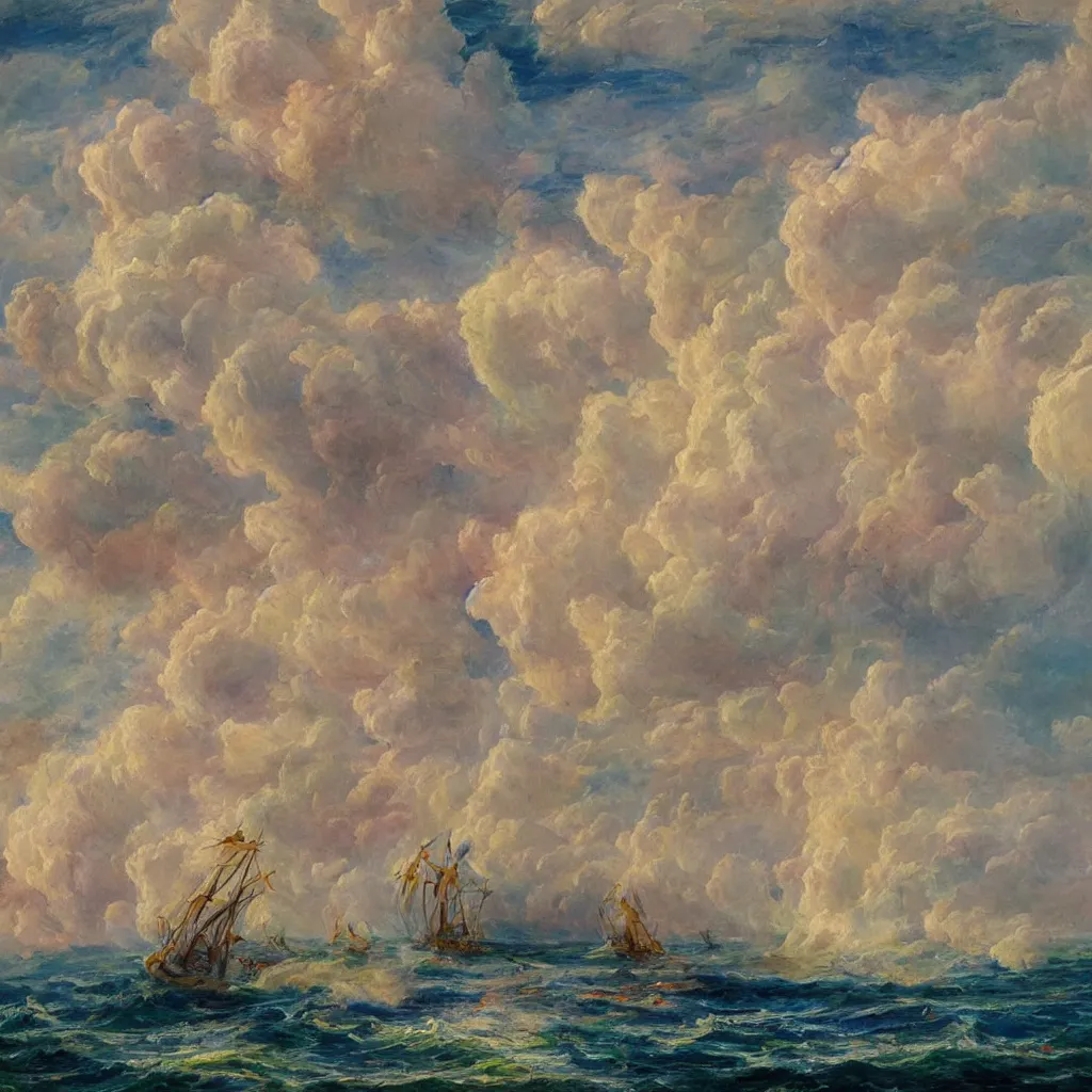 Image similar to 3d high relief painting of sea like jelly,Rainbow clouds like sheeps floating lightly in the air, Sailing ship,dreamy, soft , highly detailed, expressive impressionist style,in the style of William Schneider