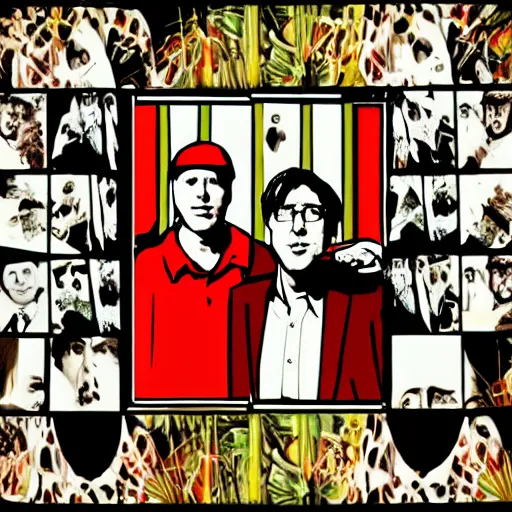 Image similar to bill hicks and bill gates in the style of gilbert and george