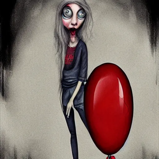 Prompt: surrealism grunge cartoon sketch of billie eilish with a wide smile and a red balloon by - michael karcz, loony toons style, horror theme, detailed, elegant, intricate