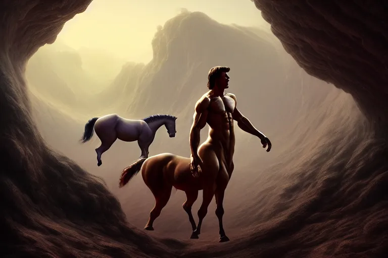 Prompt: a centaur centaur centaur, chimera, tom cruise torso, majestic matte painting, by Beeple, Gustave Dore, Artstation, CGsociety, Tom Cruise