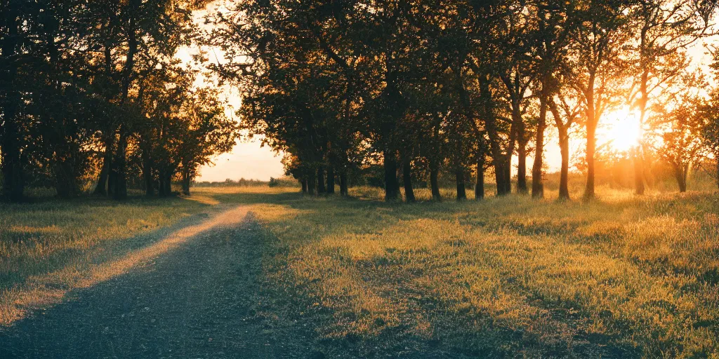 Prompt: long road sunset trees flowers butterflys birds grass, Canon EOS R3, f/1.4, ISO 200, 1/160s, 8K, RAW, unedited, symmetrical balance, in-frame