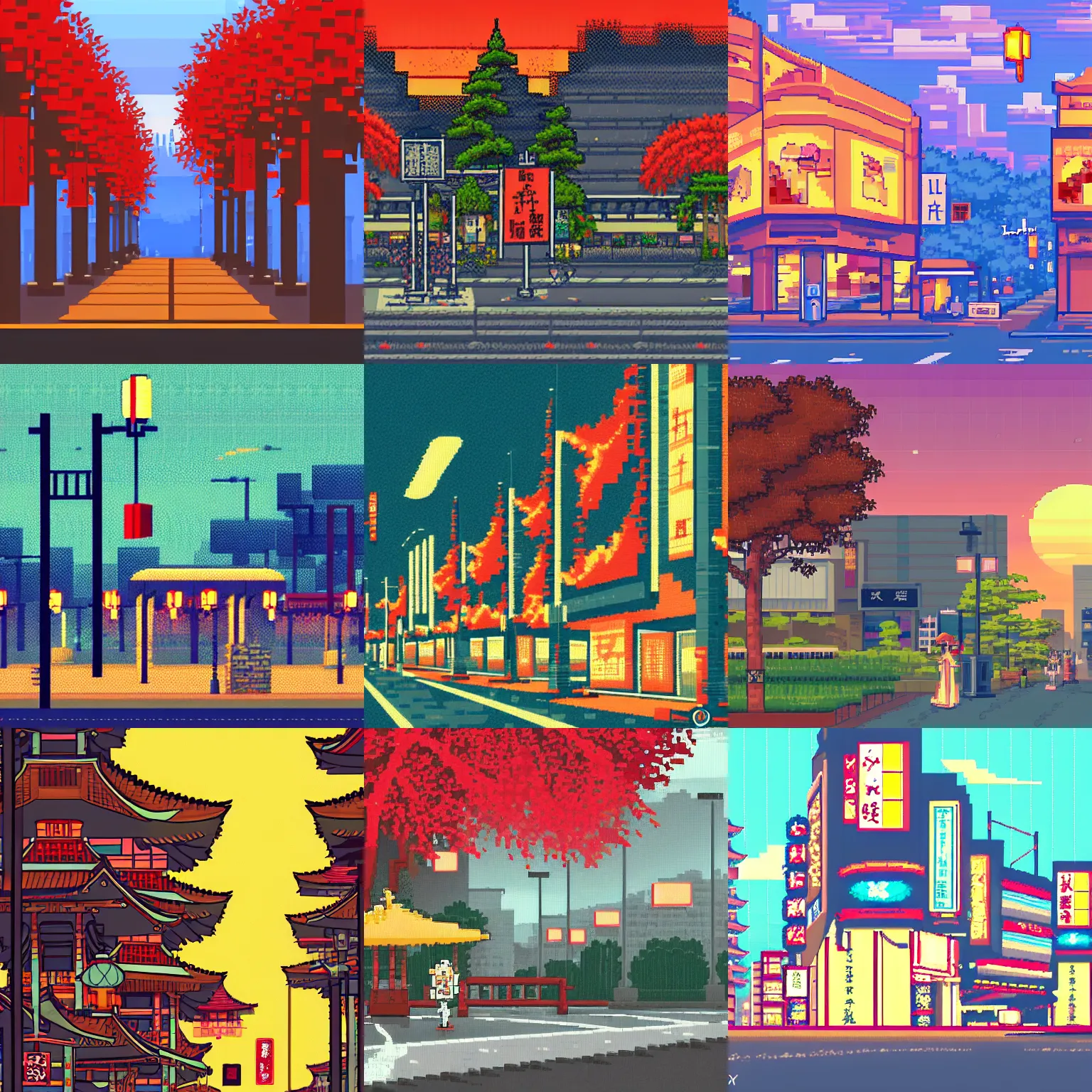 Prompt: modern fantasy japanese street corner at dusk, subdued colors, leaves blowing in the wind, banners waving, pixel art popular on pixel dailies