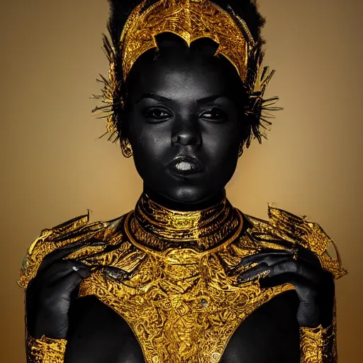 Image similar to Portrait of a beautiful black woman with symmetrical features, standing in gilded black and gold armour, full body, intricate detail, high fantasy, manga,