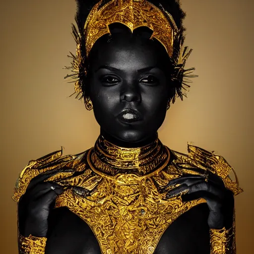 Prompt: Portrait of a beautiful black woman with symmetrical features, standing in gilded black and gold armour, full body, intricate detail, high fantasy, manga,