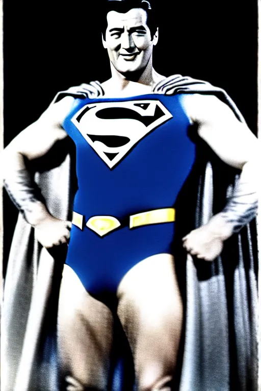 Image similar to rock hudson playing superman in, superhero, dynamic, 3 5 mm lens, heroic, studio lighting, in colour