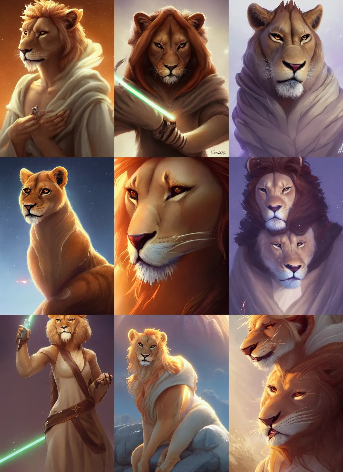 Image similar to beautiful portrait of a female anthropomorphic lioness fursona wearing jedi robes. character design by disney, charlie bowater, ross tran, artgerm, and makoto shinkai, detailed, soft lighting, rendered in octane