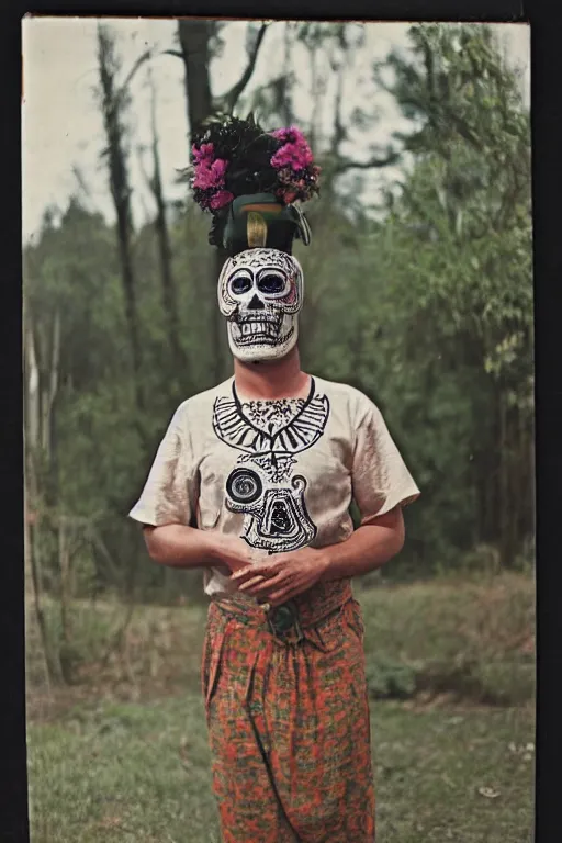 Image similar to vintage 35mm photo portrait of a man wearing a traditional day of the dead masks in the style of Gregory Crewdson