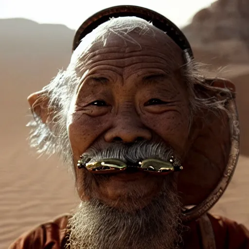 Image similar to floating old asian man with beard, his head covered in jewels, full face occult silver mask, glowing eyes, wearing a large carved wooden stick, smoke around him, in the dry rock desert, cinematic shot, wide angle, desert background, multiple eyes by Denis Villeneuve, Lubezki, Gaspar Noe and Christopher Doyle, Alejandro Jodorowsky, anamorphic lens, anamorphic lens flares, kodakchrome, cinematic composition, practical effects, award winning photo, 8k