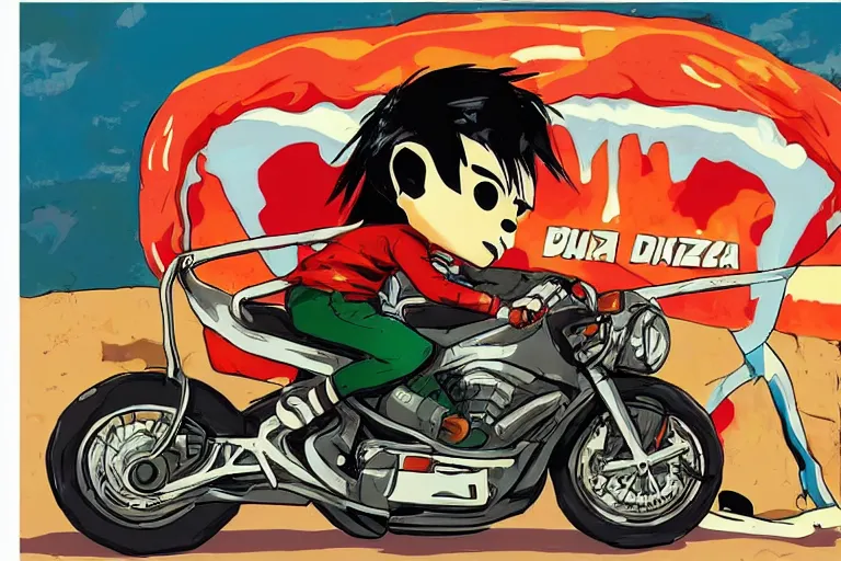Prompt: italian pizza, akira's motorcycle, gorillaz, advertisement, kid drawn