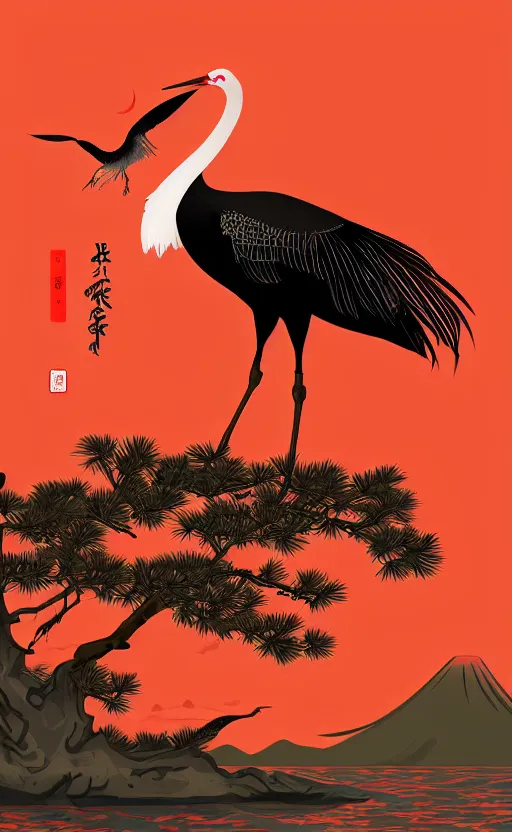 Prompt: hanafuda, portrait of huge japanese crane bird walking on a lake in the middle of japanese pines, a big red sun in the background, front game card, vector line art, trending on artstation, concept art, stunning, matte