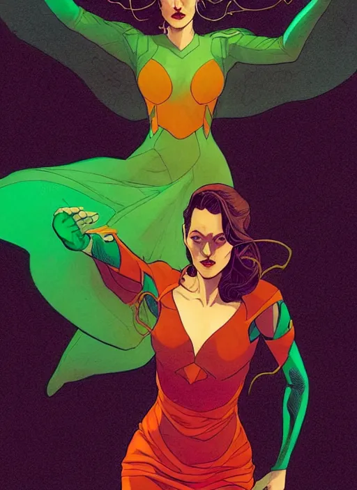 Prompt: Rafeal Albuquerque comic art, Joshua Middleton comic art, cinematics lighting, sunset colors, pretty Marion Cotillard Enchantress comicbook villain, green dress, angry, symmetrical face, symmetrical eyes, full body, flying in the air, night time, red mood in background