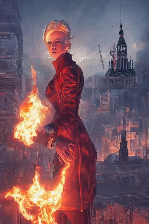 Prompt: in the foreground Saint Petersburg in cyberpunk, in the background a magnificent young blonde woman from behind playing with flames coming out of her hands wearing a long matrix-style jacket, realistic, high definition, many details, dramatic scene, symmetrical face, eyes realistic, art of jesper ejsing