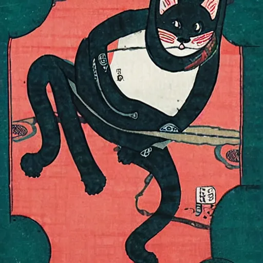 Prompt: anthropomorphic cat ninja, ukiyo-e