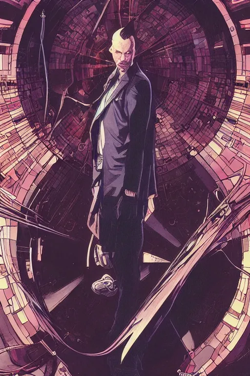 Image similar to comic book illustration, thom yorke as agent smith from the matrix, cyberpunk concept art by artgerm and Alphonse Mucha and Moebius, highly detailed, intricate, sci-fi, sharp focus, Trending on Artstation HQ, deviantart