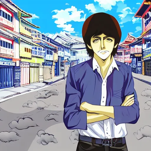 Image similar to anime illustration of young Paul McCartney from the Beatles, wearing a blue and white check shirt, silver sports watch, in front of shophouses in Singapore, relaxing and smiling at camera, white clouds, ufotable