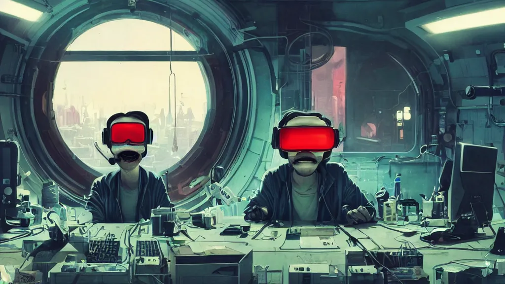 Prompt: happy drunk hacker at a computer in a vr mask in a scifi movie, retrofuturism, by jamie hewlett, nuri iyem, james gurney, james jean, greg rutkowski, anato finnstark. pixar. hyper detailed, 5 0 mm, perfect faces