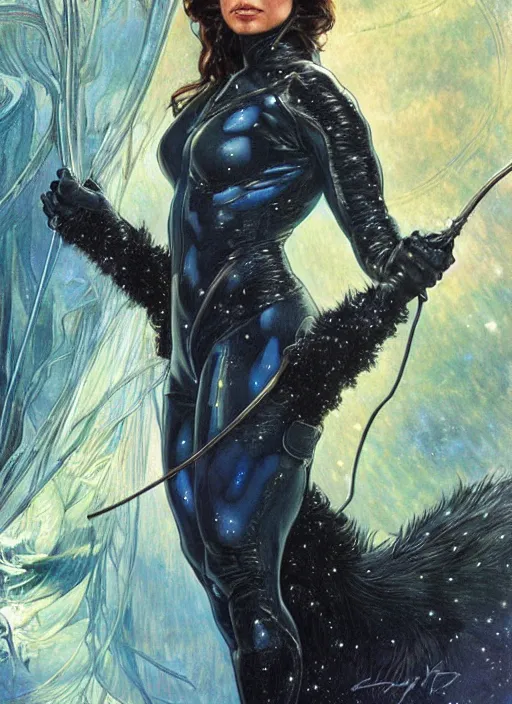 Prompt: epic muscled Mila Kunis as Catwoman walking out of a deep dark cave, puffy warm wooly clothing,stormy snowy winter, blue fireflies, nebula background, torches, fantasy, intricate, elegant, highly detailed, tasteful art by artgerm and donato giancola and alphonse mucha, WLOP