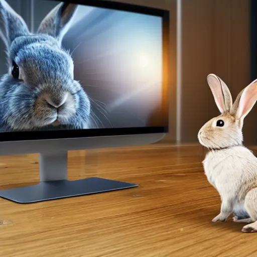 Image similar to A rabbit, playing on a computer, wearing a headset, big monitor, angry, realistic, HDR shot