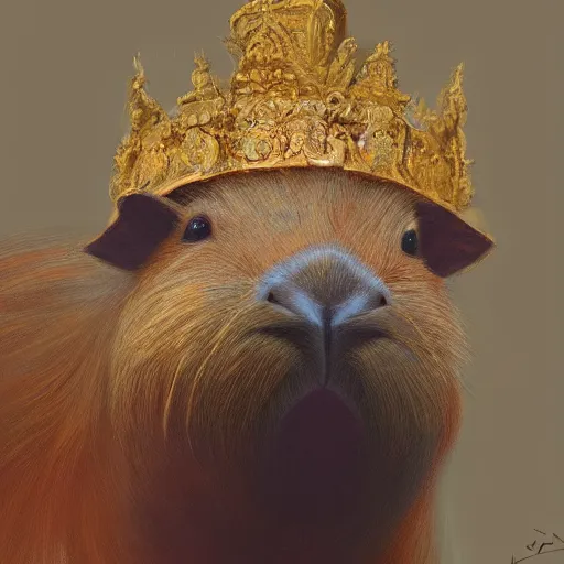 Image similar to detailed photorealistic painting of a capybara wearing a highly detailed ornamented crown typical, sharp focus in the style of ruan jia, Mandy jurgens, cinematic light, concept art, trending on artstation, photorealistic, ultra realistic