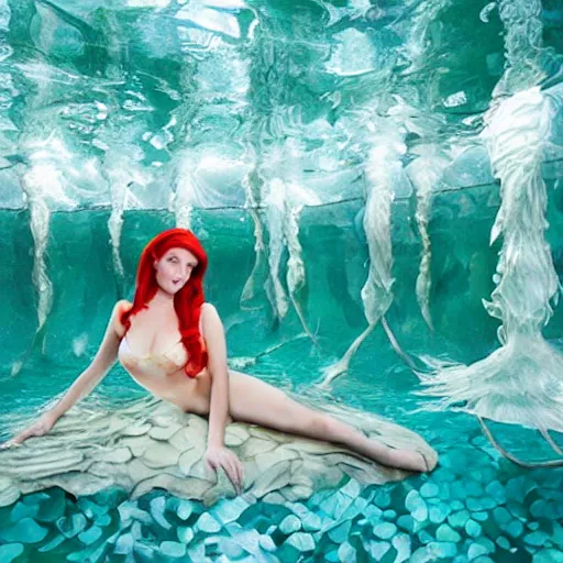 Image similar to a portrait of ariel the little mermaid with background scenery by juergen teller, iris van herpen