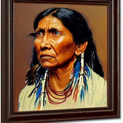 Prompt: head and shoulders portrait of native indian woman, fierce, snarling, fully clothed, three quarter profile, norman rockwell, ryan pancoast