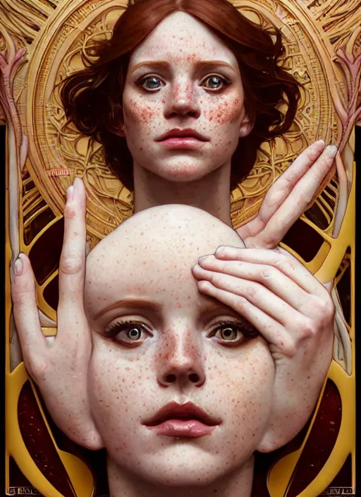 Image similar to close up portrait of wendy thomas, pale young woman with freckles, baroque hamburgers, fast food imagery by artgerm, cushart krenz, greg rutkowski, mucha. art nouveau. gloomhaven, golden arches logo, pale colors, sharp edges. ultra clear detailed. 8 k. elegant, intricate, octane render