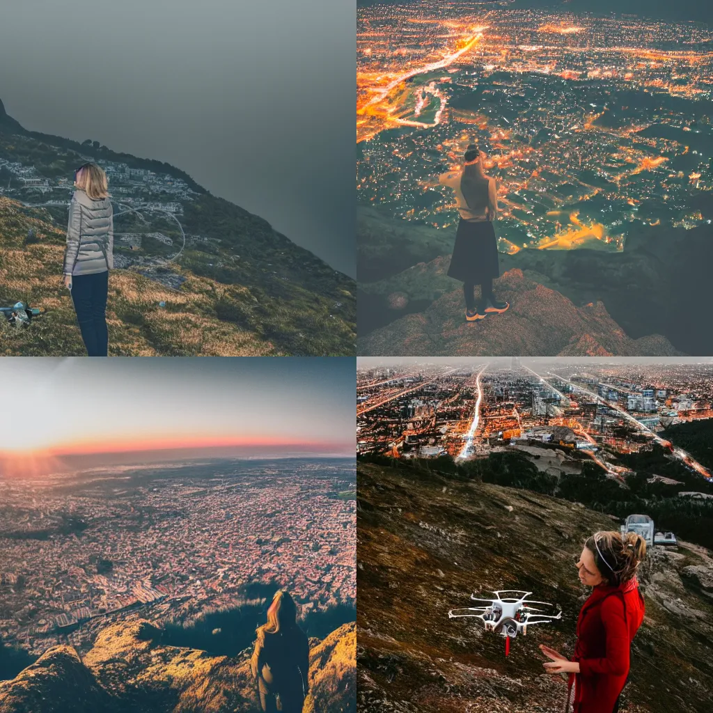 Prompt: a woman standing on top of a mountain overlooking a glowing city below with a drone flying beside her, camera obscura, photography, realistic, technology, dark, gloomy, misty, ethereal, 4k,