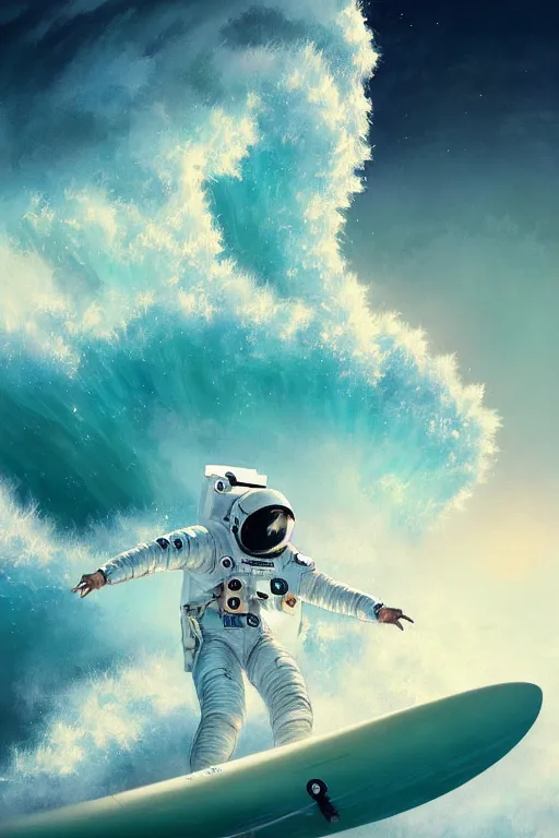 Image similar to a beautiful digital painting of an astronaut in a white space suit surfing the great wave on a surfboard by greg rutkowski, photorealistic, trending on artstation, highly detailed, intricate, unreal engine, octane render