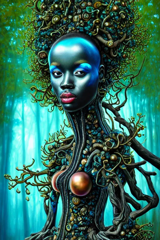 Image similar to hyperrealistic post - rococo super expressive! black woman with exoskeleton armor, merging with tree in a forest, highly detailed digital art masterpiece smooth cam de leon hannah yata dramatic pearlescent blue teal light ground angle hd 8 k sharp focus