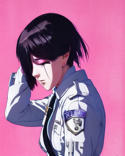 Image similar to police officer girl very very anime!!! fine face, audrey plaza, realistic shaded perfect face, fine details. anime. realistic shaded lighting cyberpunk futuristic neon tattoos styled hair reflective puffy sheen film jacket decorated poster by ilya kuvshinov katsuhiro otomo ghost in the shell magali villeneuve artgerm jeremy lipkin michael garmash rob rey