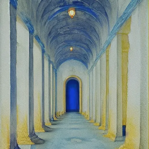 Prompt: procession in a blue and gold haunted liminal abandoned temple, watercolor by gottfried helnwein, by hammershøi, art noveau, highly detailed, lights by edward hopper, liminal, eerie, bright pastel colors