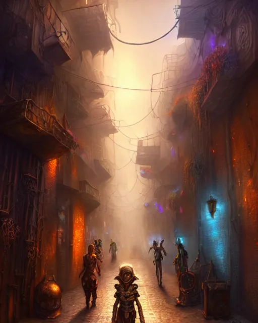 Prompt: street view of an otherworldly alley in the planescape city named sigil, crowded, beautiful digital painting in the style of wlop, volumetric lightning, intricate details, ultra realistic, by art germ, by gerard brom, steampunk, fantasypunk, deep colors, amazing d & d art, trending cgsociety, artstation, sharp