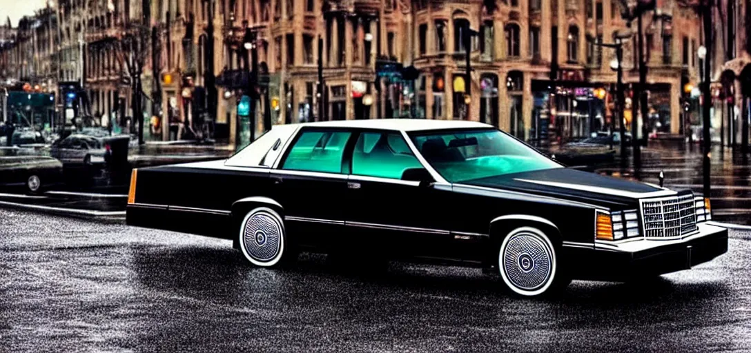 Image similar to hyper realistic, high detail real life photo of black 1 9 9 2 cadillac de ville, city streets wet, beautiful, dreary lighting